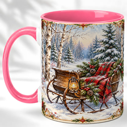 #pl[11oz|Pink] Christmas Sleigh Coffee Mug, Winter Woodland Mug, Ceramic Cup