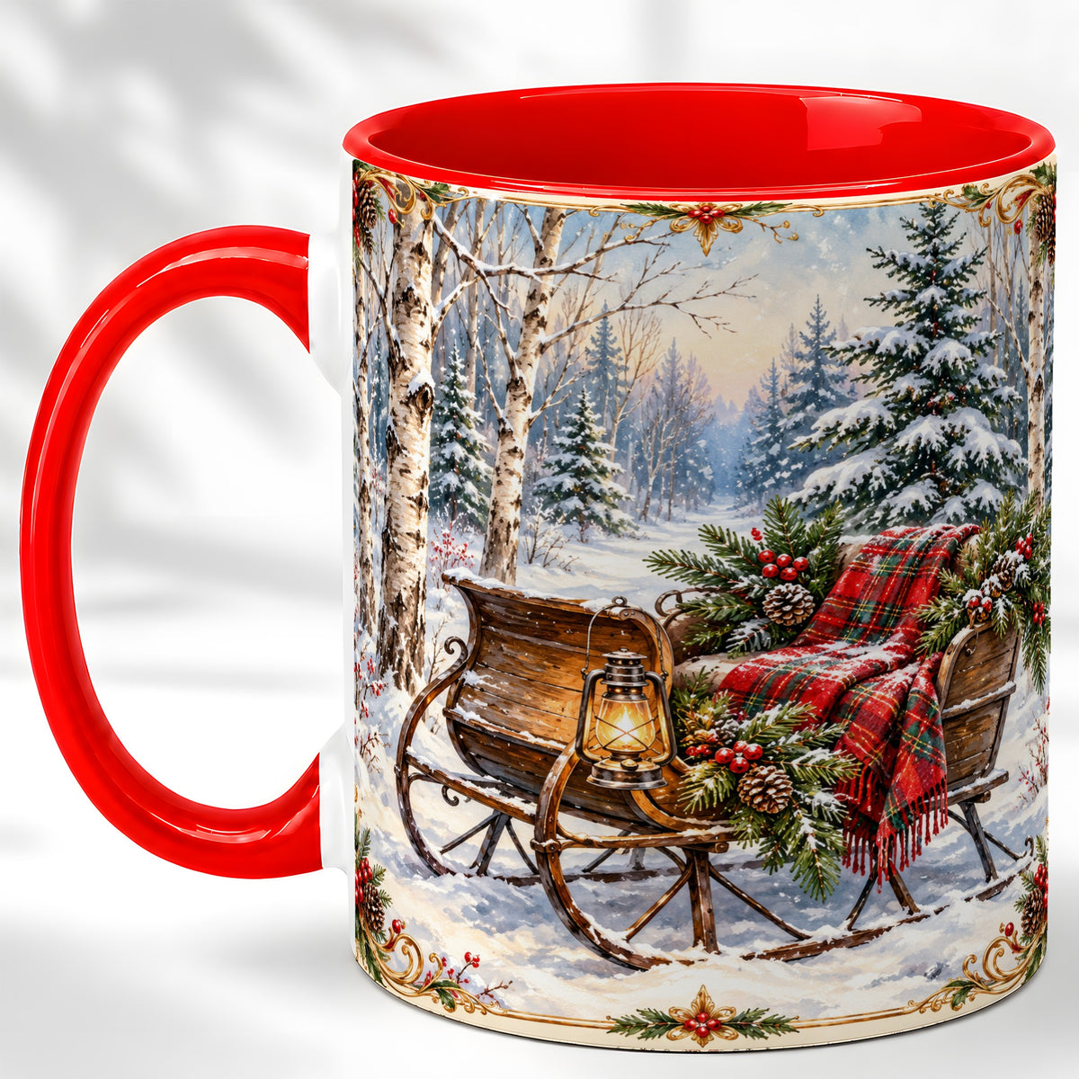 Christmas Sleigh Coffee Mug, Winter Woodland Mug, Ceramic Cup