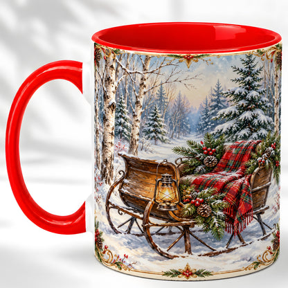 Christmas Sleigh Coffee Mug, Winter Woodland Mug, Ceramic Cup