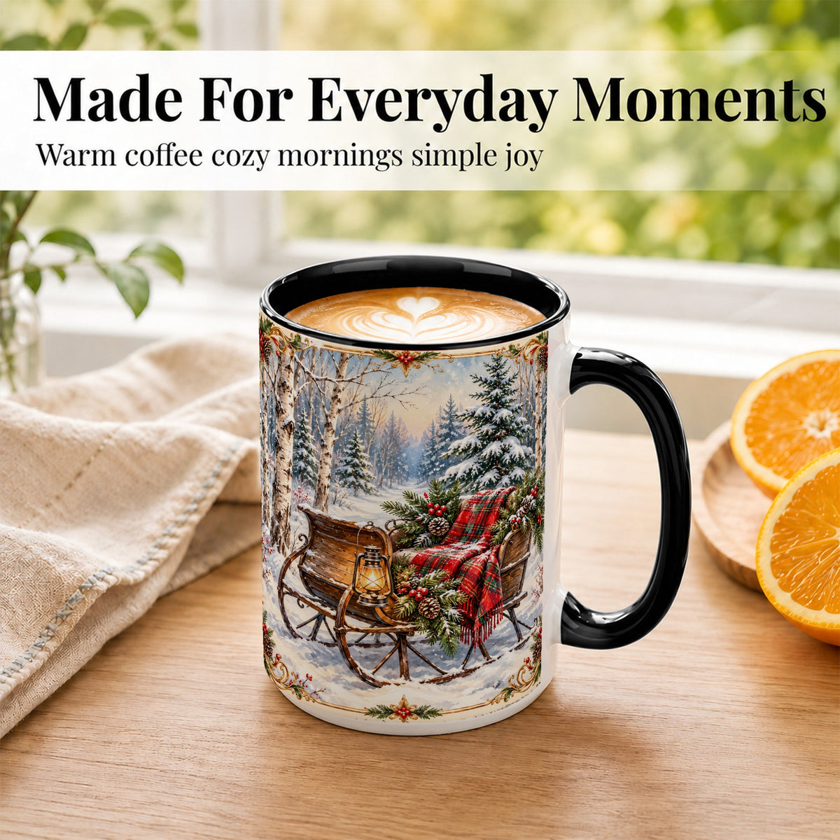 #pl[15oz|Black] Christmas Sleigh Coffee Mug, Winter Woodland Mug, Ceramic Cup