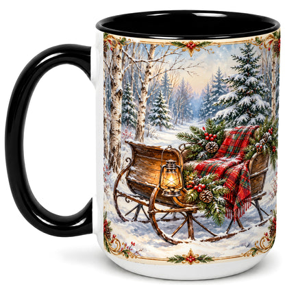 #pl[15oz|Black] Christmas Sleigh Coffee Mug, Winter Woodland Mug, Ceramic Cup