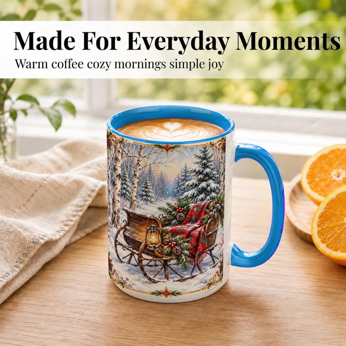 #pl[15oz|Blue] Christmas Sleigh Coffee Mug, Winter Woodland Mug, Ceramic Cup
