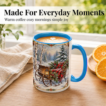 #pl[15oz|Blue] Christmas Sleigh Coffee Mug, Winter Woodland Mug, Ceramic Cup