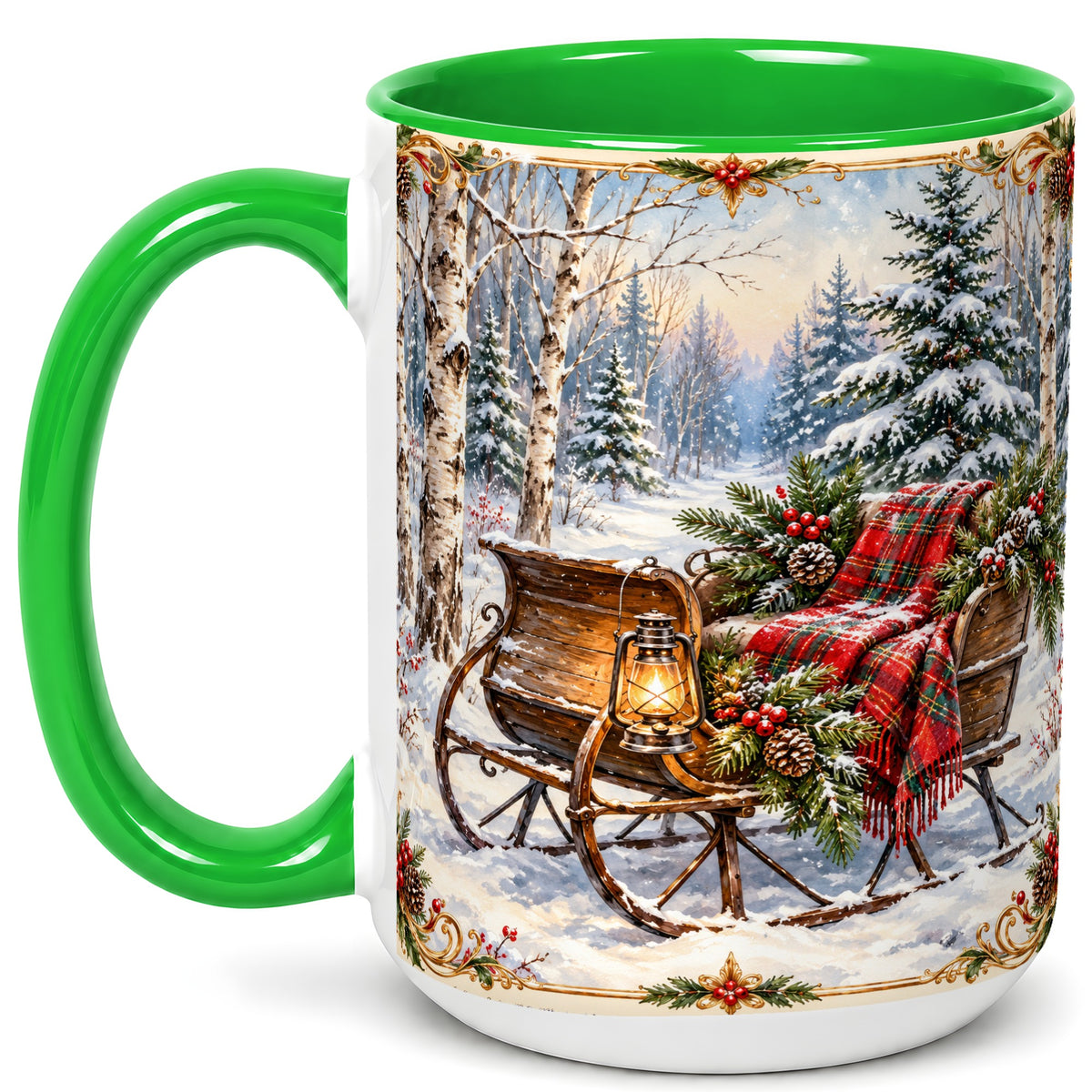 #pl[15oz|Green] Christmas Sleigh Coffee Mug, Winter Woodland Mug, Ceramic Cup