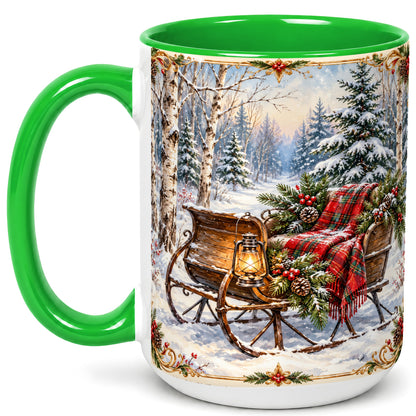 #pl[15oz|Green] Christmas Sleigh Coffee Mug, Winter Woodland Mug, Ceramic Cup