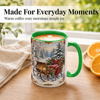 #pl[15oz|Green] Christmas Sleigh Coffee Mug, Winter Woodland Mug, Ceramic Cup