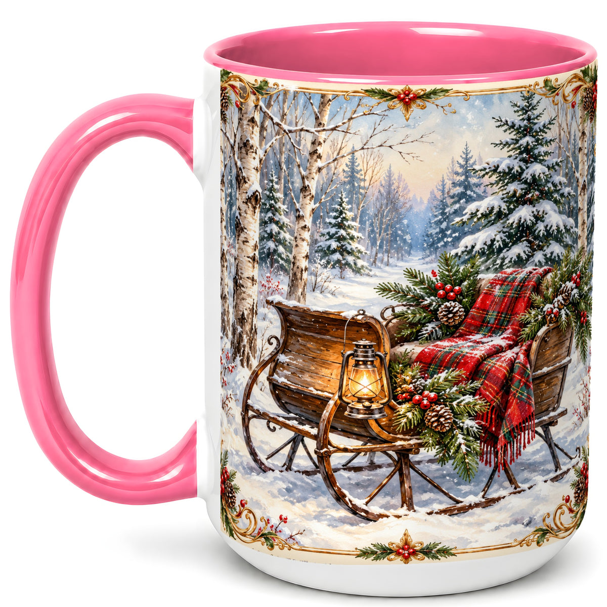#pl[15oz|Pink] Christmas Sleigh Coffee Mug, Winter Woodland Mug, Ceramic Cup