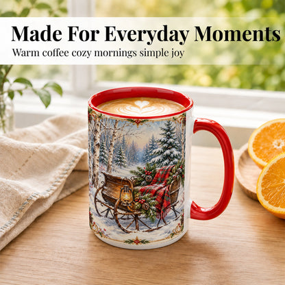 #pl[15oz|Red] Christmas Sleigh Coffee Mug, Winter Woodland Mug, Ceramic Cup
