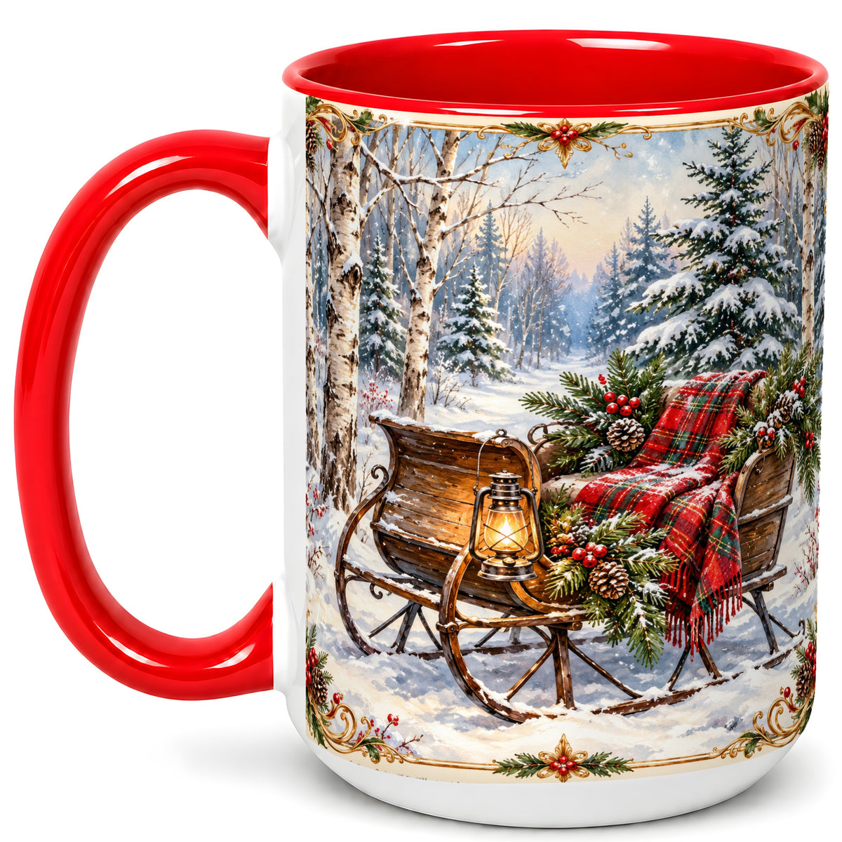 #pl[15oz|Red] Christmas Sleigh Coffee Mug, Winter Woodland Mug, Ceramic Cup