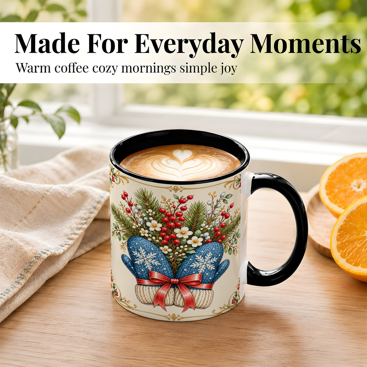 #pl[11oz|Black] Winter Mittens Coffee Mug, Botanical Christmas Mug, Ceramic Cup