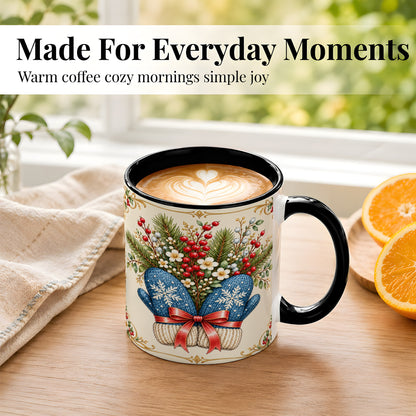 #pl[11oz|Black] Winter Mittens Coffee Mug, Botanical Christmas Mug, Ceramic Cup