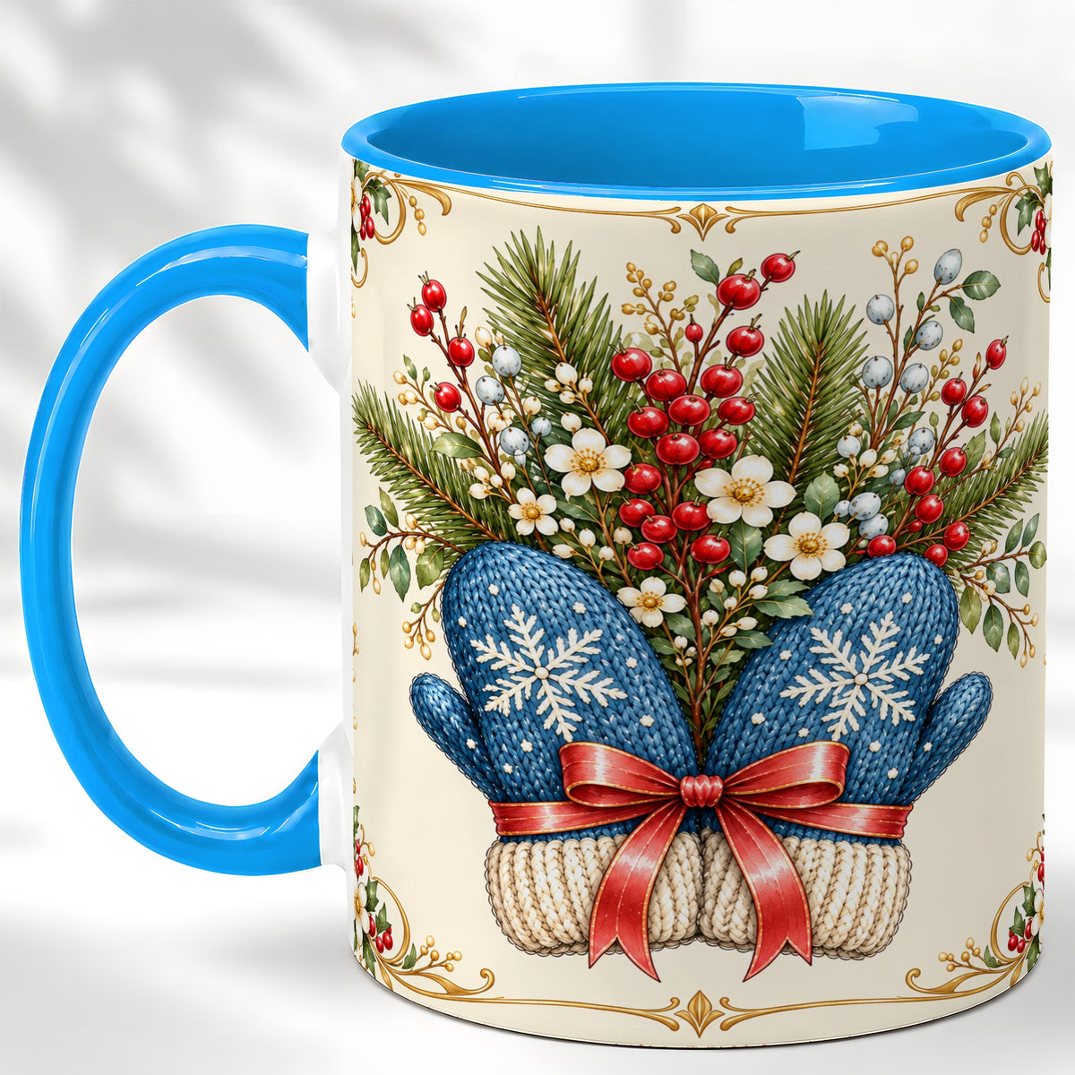 #pl[11oz|Blue] Winter Mittens Coffee Mug, Botanical Christmas Mug, Ceramic Cup