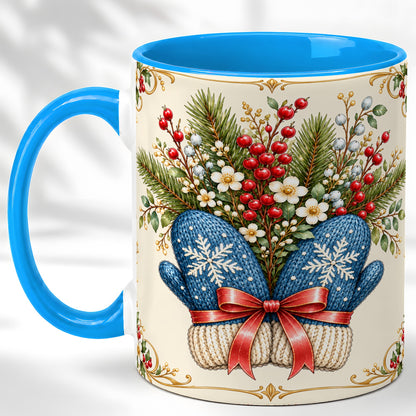 #pl[11oz|Blue] Winter Mittens Coffee Mug, Botanical Christmas Mug, Ceramic Cup