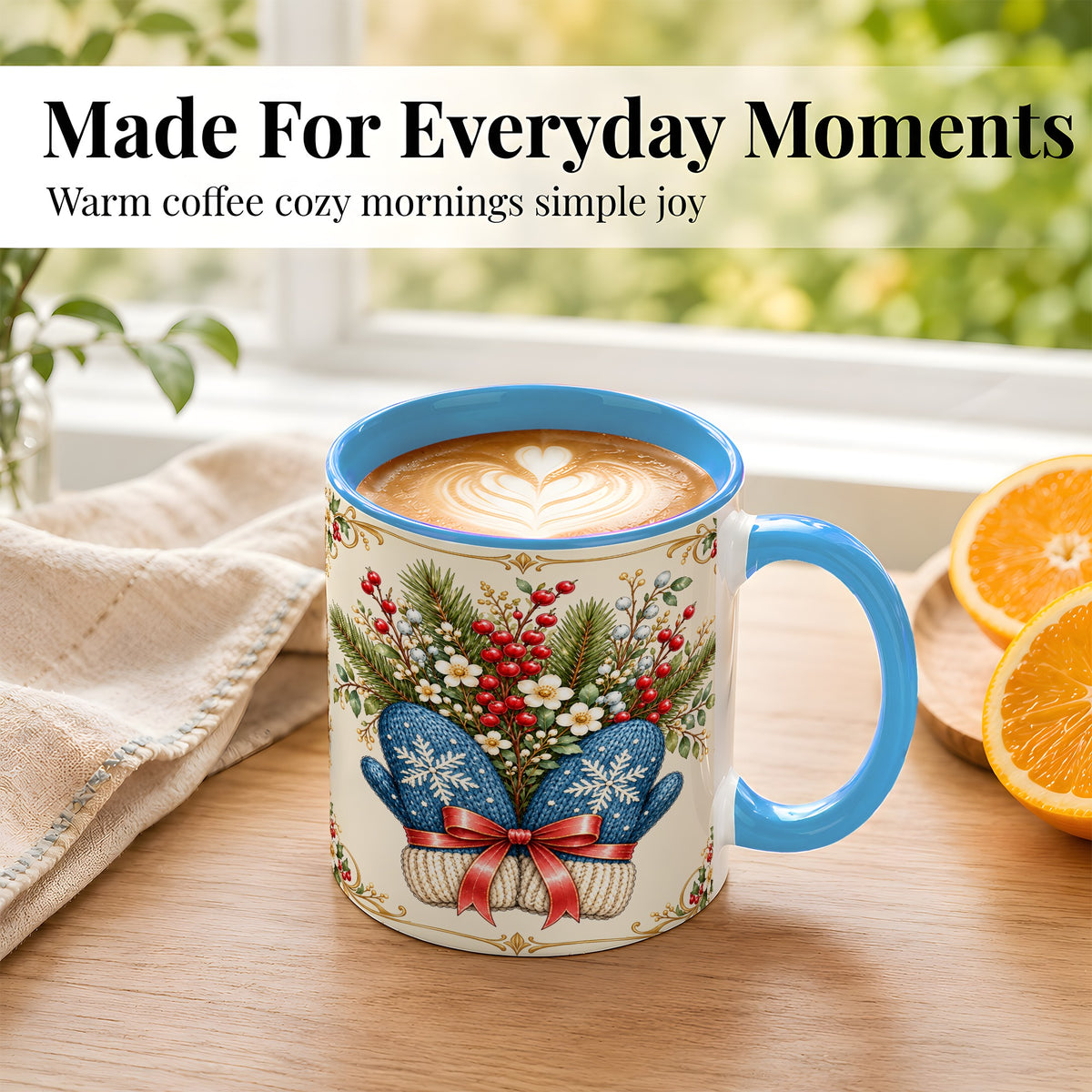 #pl[11oz|Blue] Winter Mittens Coffee Mug, Botanical Christmas Mug, Ceramic Cup