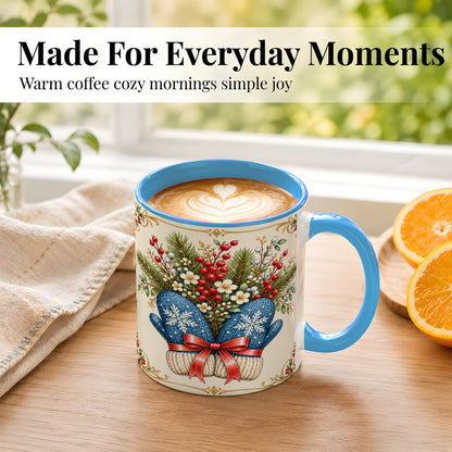 #pl[11oz|Blue] Winter Mittens Coffee Mug, Botanical Christmas Mug, Ceramic Cup