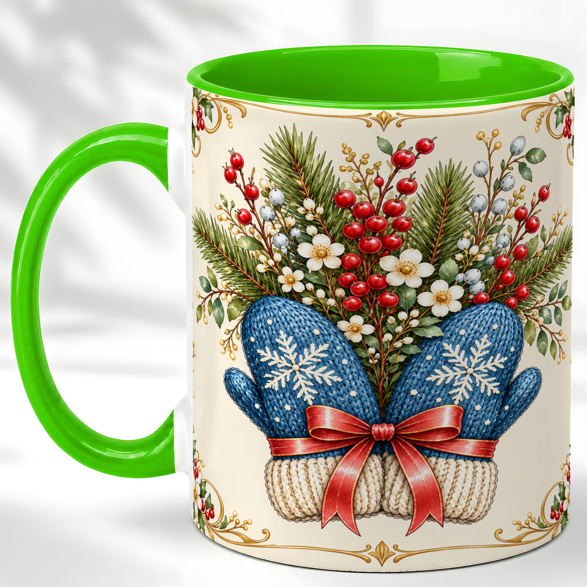 #pl[11oz|Green] Winter Mittens Coffee Mug, Botanical Christmas Mug, Ceramic Cup