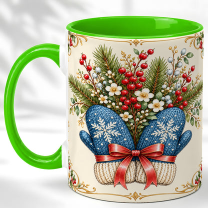 #pl[11oz|Green] Winter Mittens Coffee Mug, Botanical Christmas Mug, Ceramic Cup