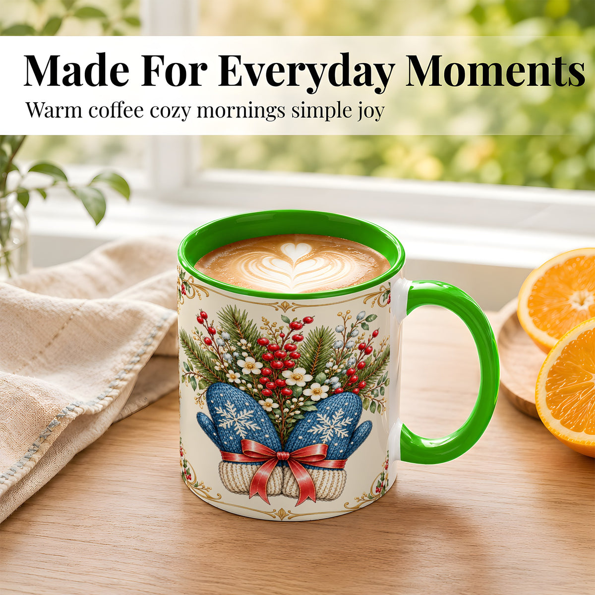 #pl[11oz|Green] Winter Mittens Coffee Mug, Botanical Christmas Mug, Ceramic Cup