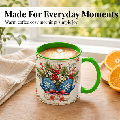 #pl[11oz|Green] Winter Mittens Coffee Mug, Botanical Christmas Mug, Ceramic Cup