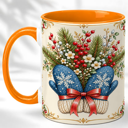 #pl[11oz|Orange] Winter Mittens Coffee Mug, Botanical Christmas Mug, Ceramic Cup