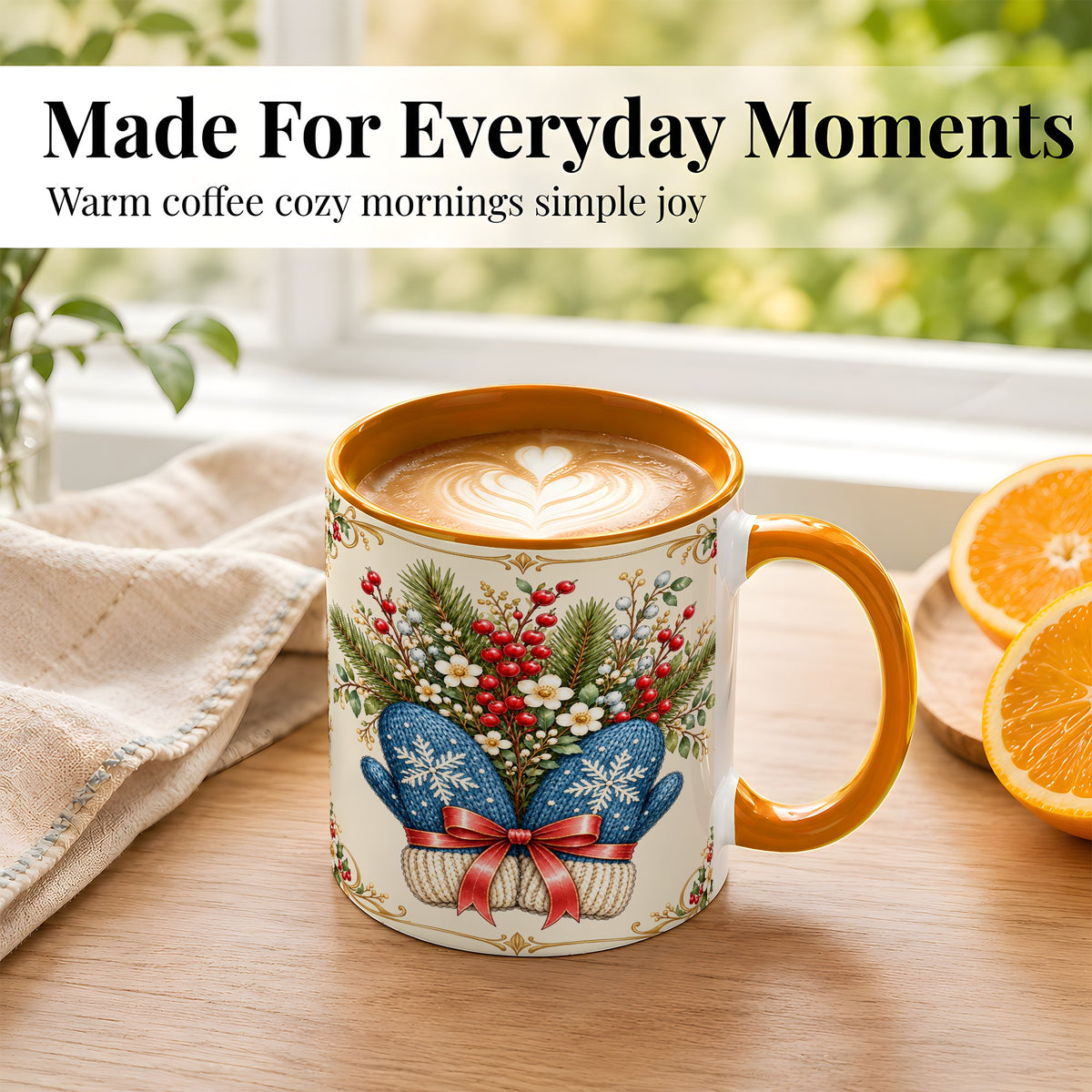 #pl[11oz|Orange] Winter Mittens Coffee Mug, Botanical Christmas Mug, Ceramic Cup
