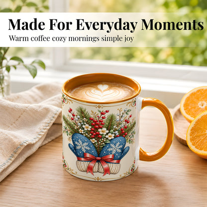 #pl[11oz|Orange] Winter Mittens Coffee Mug, Botanical Christmas Mug, Ceramic Cup