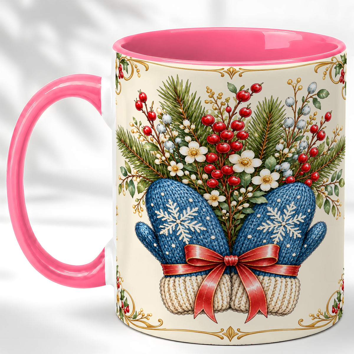 #pl[11oz|Pink] Winter Mittens Coffee Mug, Botanical Christmas Mug, Ceramic Cup