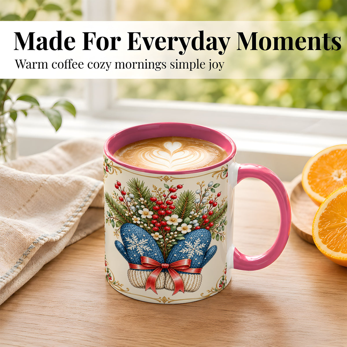 #pl[11oz|Pink] Winter Mittens Coffee Mug, Botanical Christmas Mug, Ceramic Cup