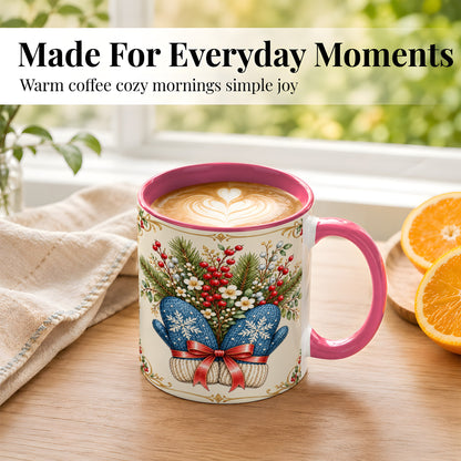 #pl[11oz|Pink] Winter Mittens Coffee Mug, Botanical Christmas Mug, Ceramic Cup
