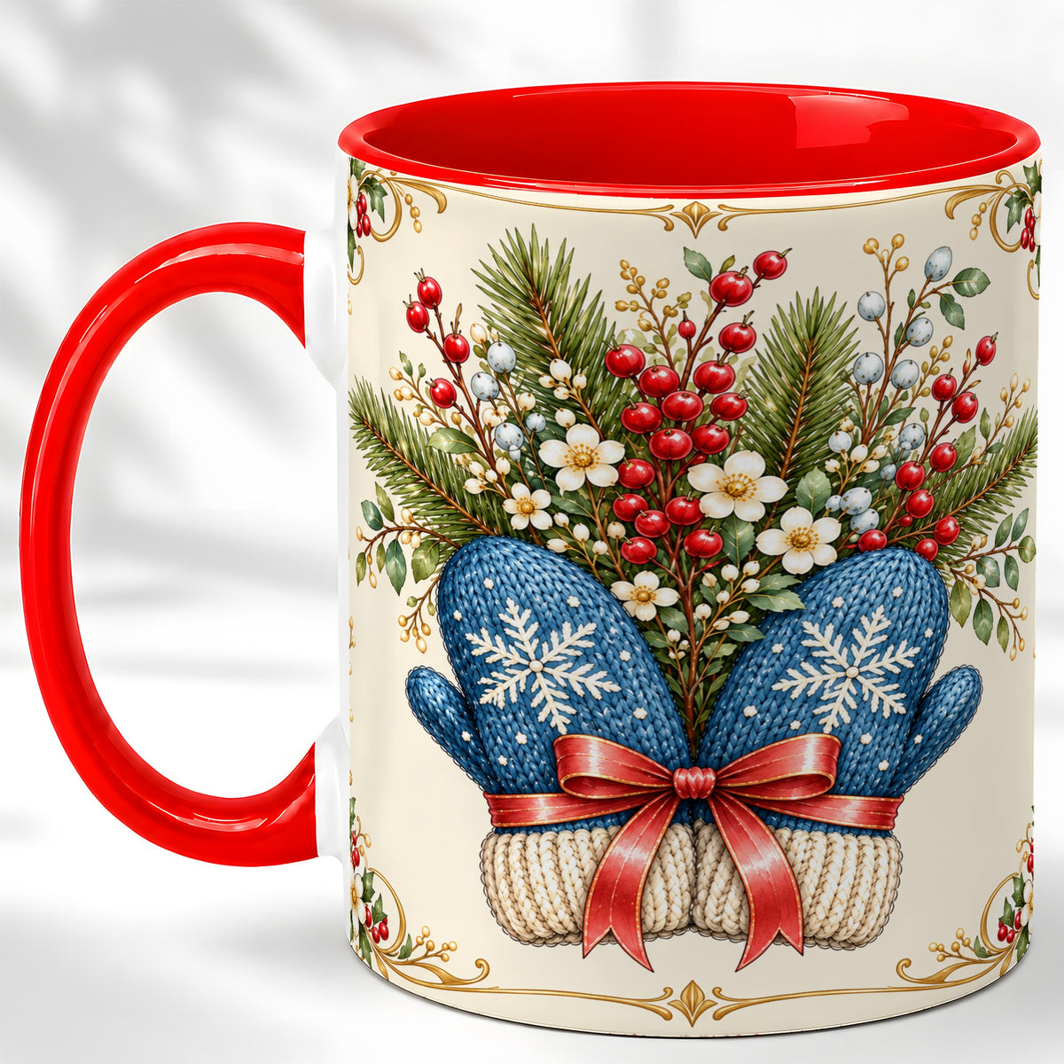 Winter Mittens Coffee Mug, Botanical Christmas Mug, Ceramic Cup