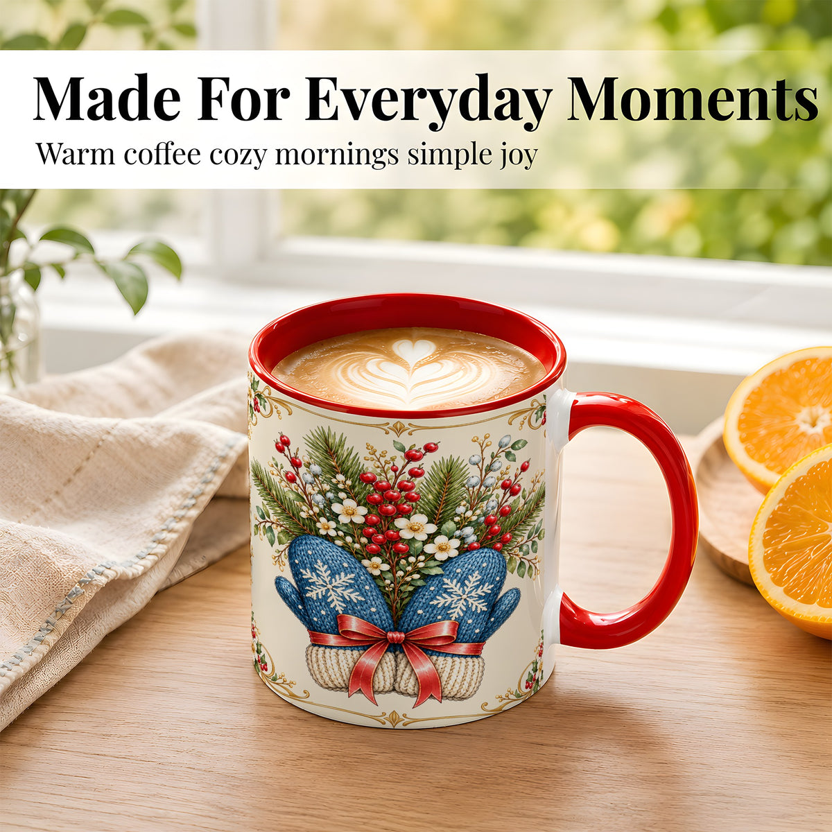 #pl[11oz|Red] Winter Mittens Coffee Mug, Botanical Christmas Mug, Ceramic Cup