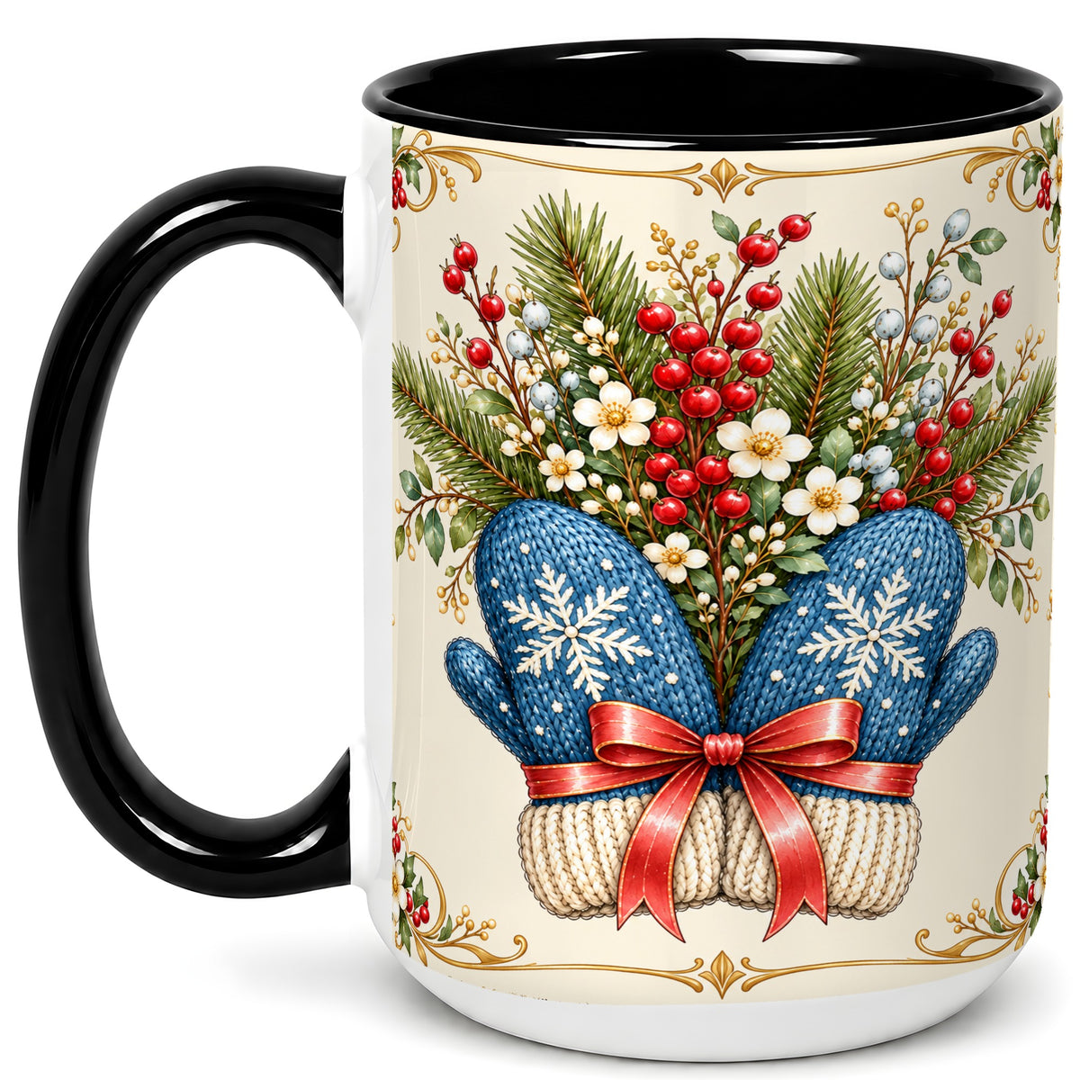 #pl[15oz|Black] Winter Mittens Coffee Mug, Botanical Christmas Mug, Ceramic Cup