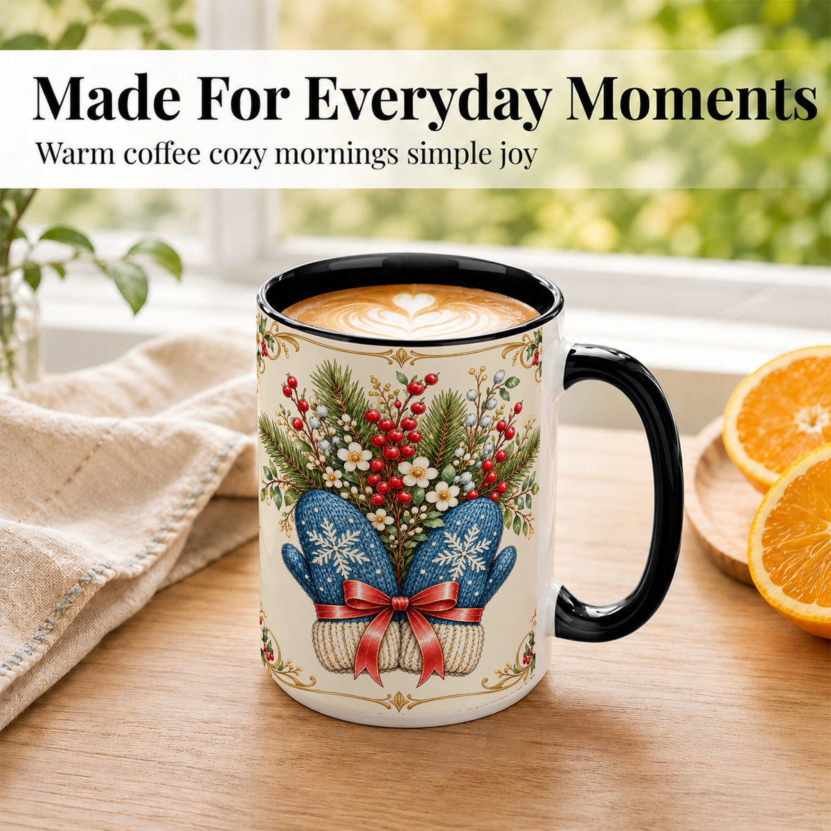 #pl[15oz|Black] Winter Mittens Coffee Mug, Botanical Christmas Mug, Ceramic Cup