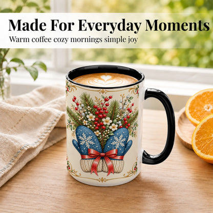#pl[15oz|Black] Winter Mittens Coffee Mug, Botanical Christmas Mug, Ceramic Cup