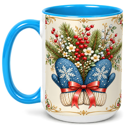 #pl[15oz|Blue] Winter Mittens Coffee Mug, Botanical Christmas Mug, Ceramic Cup