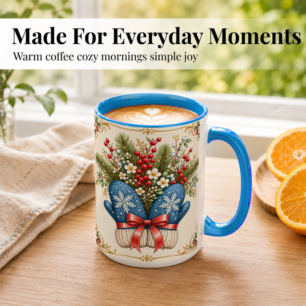 #pl[15oz|Blue] Winter Mittens Coffee Mug, Botanical Christmas Mug, Ceramic Cup