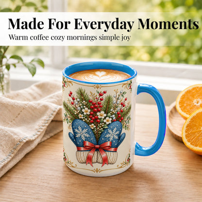 #pl[15oz|Blue] Winter Mittens Coffee Mug, Botanical Christmas Mug, Ceramic Cup