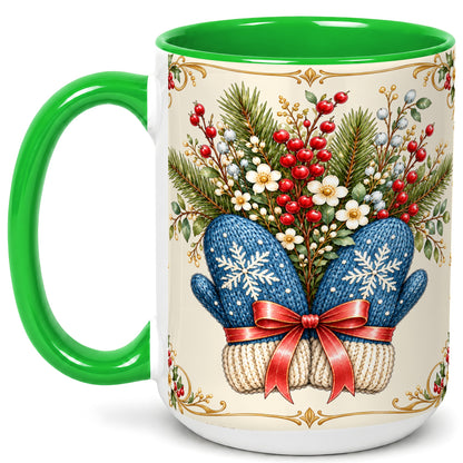 #pl[15oz|Green] Winter Mittens Coffee Mug, Botanical Christmas Mug, Ceramic Cup