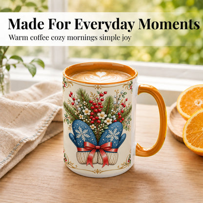 #pl[15oz|Orange] Winter Mittens Coffee Mug, Botanical Christmas Mug, Ceramic Cup