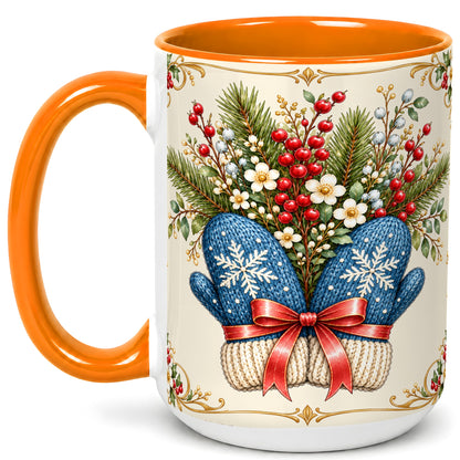 #pl[15oz|Orange] Winter Mittens Coffee Mug, Botanical Christmas Mug, Ceramic Cup