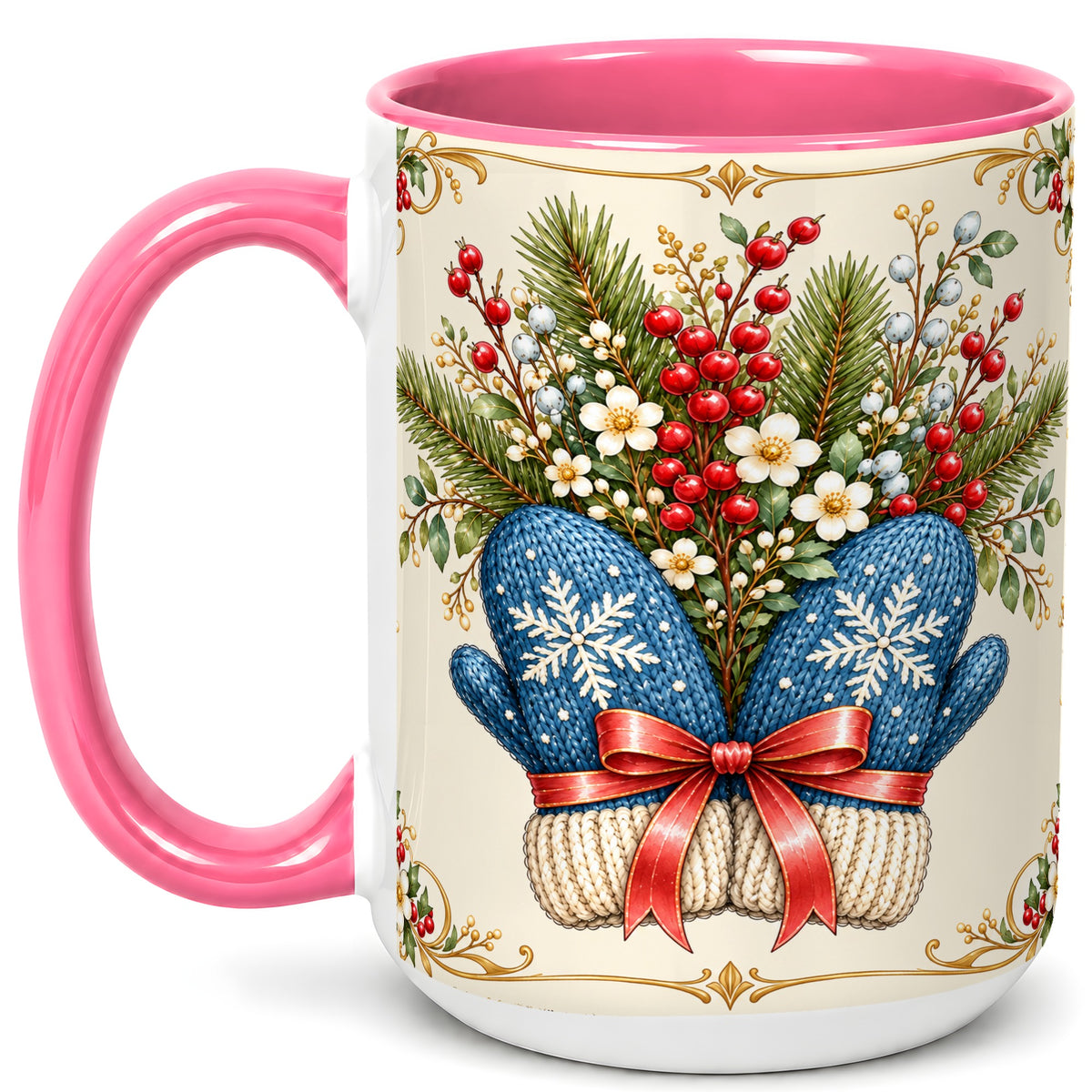 #pl[15oz|Pink] Winter Mittens Coffee Mug, Botanical Christmas Mug, Ceramic Cup