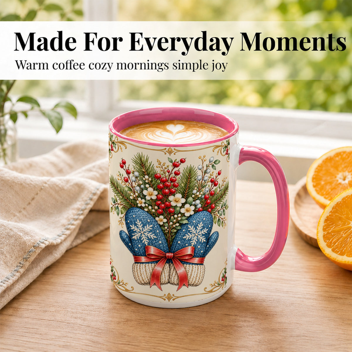 #pl[15oz|Pink] Winter Mittens Coffee Mug, Botanical Christmas Mug, Ceramic Cup