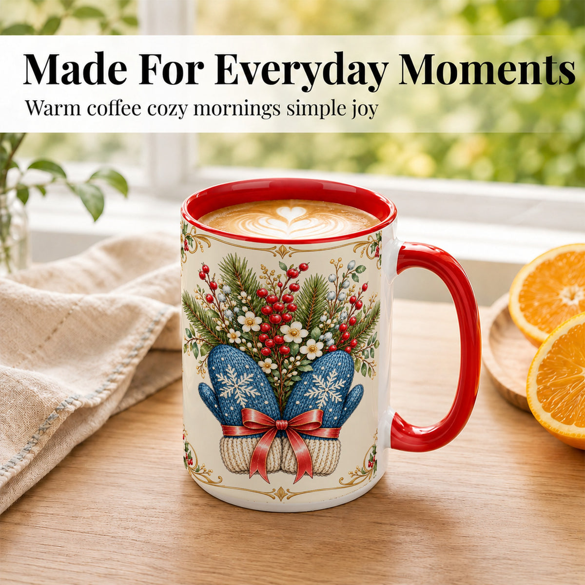 #pl[15oz|Red] Winter Mittens Coffee Mug, Botanical Christmas Mug, Ceramic Cup