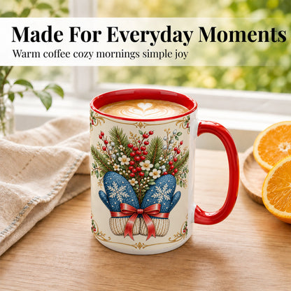 #pl[15oz|Red] Winter Mittens Coffee Mug, Botanical Christmas Mug, Ceramic Cup