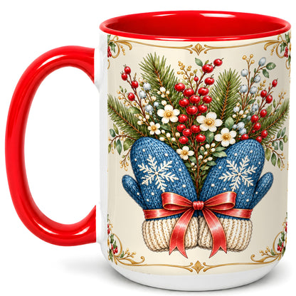 #pl[15oz|Red] Winter Mittens Coffee Mug, Botanical Christmas Mug, Ceramic Cup