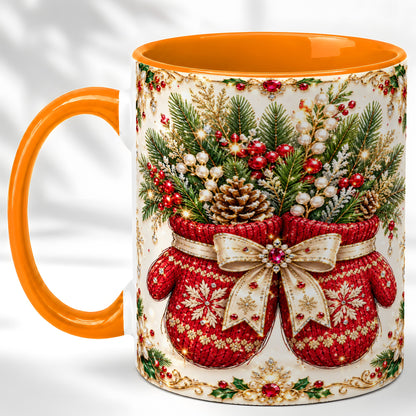 #pl[11oz|Orange] Christmas Mittens Coffee Mug, Jeweled Holiday Mug, Ceramic Cup