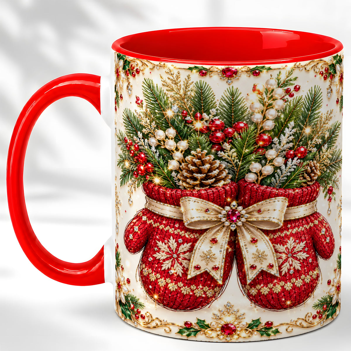 Christmas Mittens Coffee Mug, Jeweled Holiday Mug, Ceramic Cup