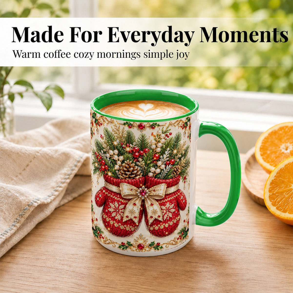 #pl[15oz|Green] Christmas Mittens Coffee Mug, Jeweled Holiday Mug, Ceramic Cup