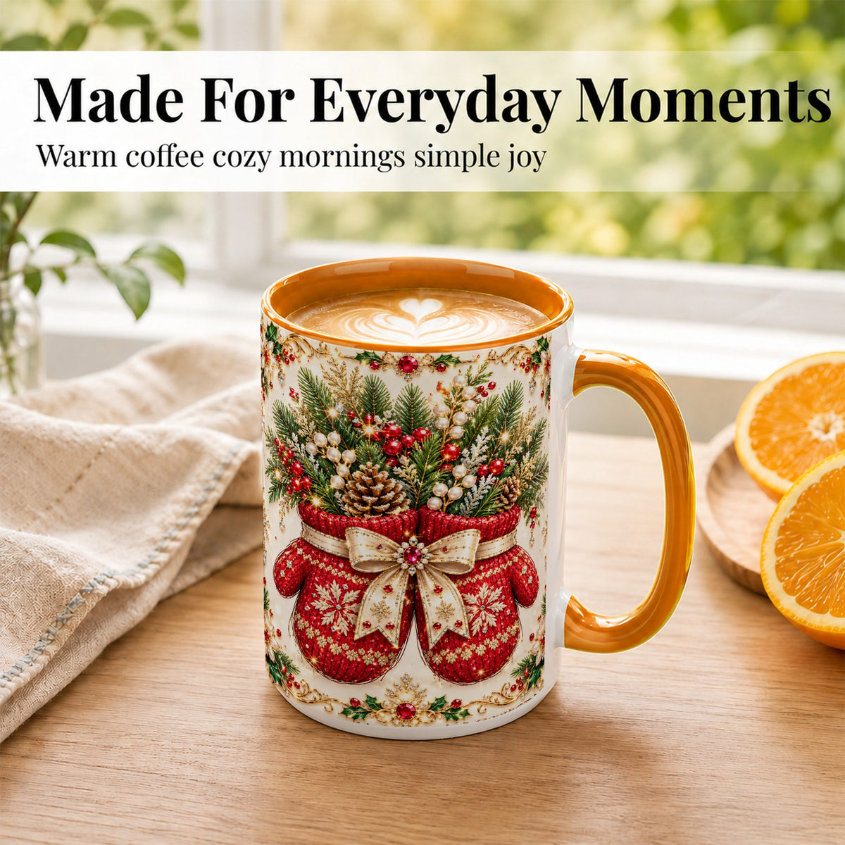 #pl[15oz|Orange] Christmas Mittens Coffee Mug, Jeweled Holiday Mug, Ceramic Cup