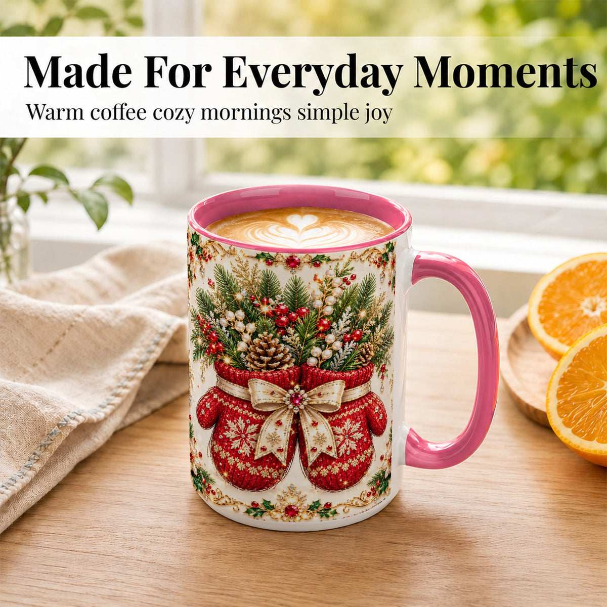 #pl[15oz|Pink] Christmas Mittens Coffee Mug, Jeweled Holiday Mug, Ceramic Cup